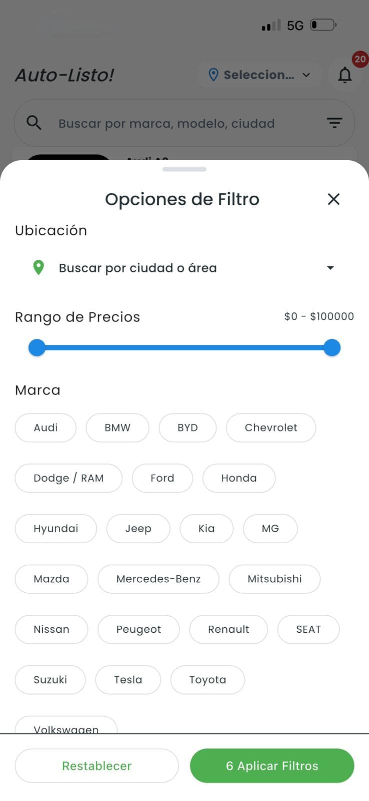 Filtros de búsqueda por ciudad, precio y categoría