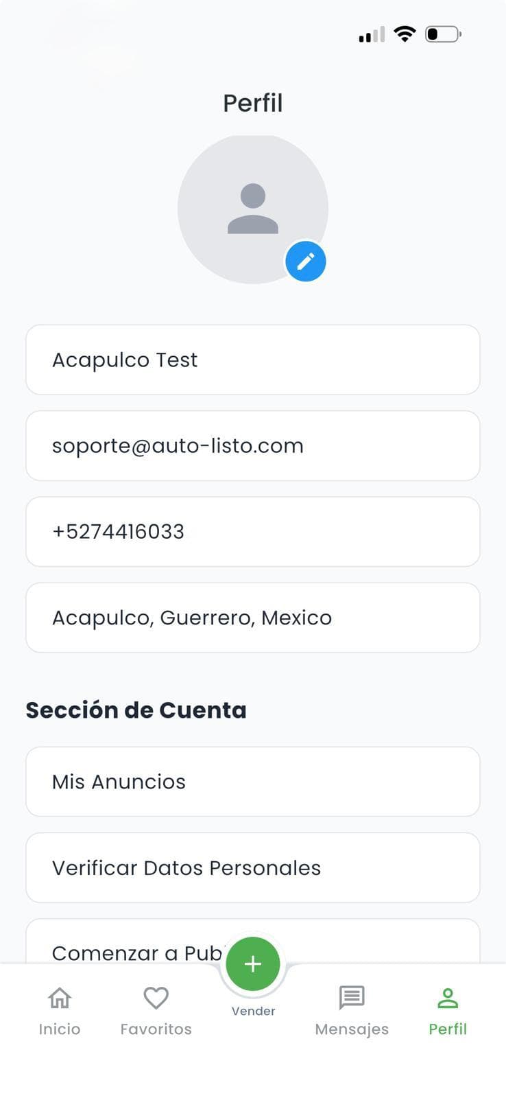 Pantalla de perfil y configuración