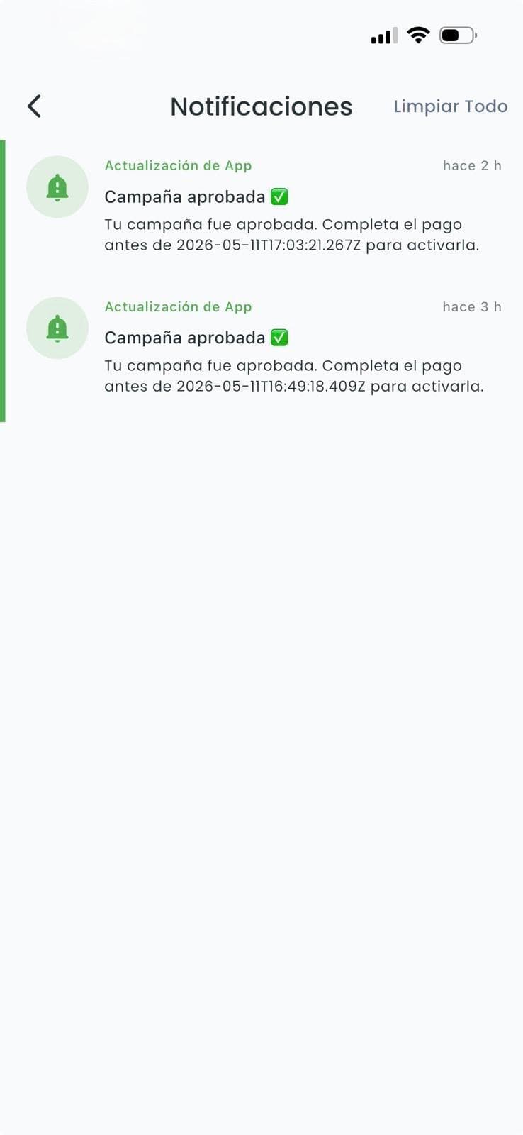 Bandeja de notificaciones con mensajes y avisos de anuncios